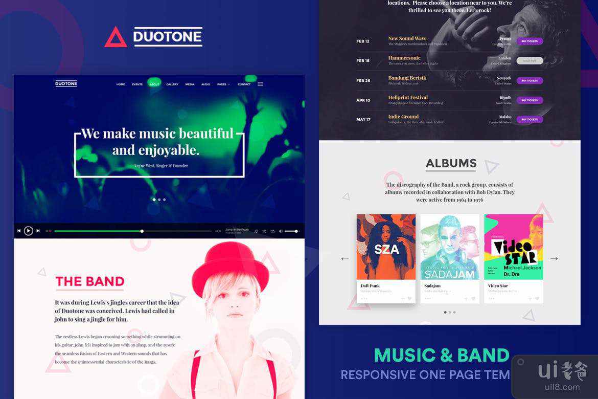 音乐和乐队响应式网站模板 - Duotone(Music & Band Responsive Website Template - Duotone)插图