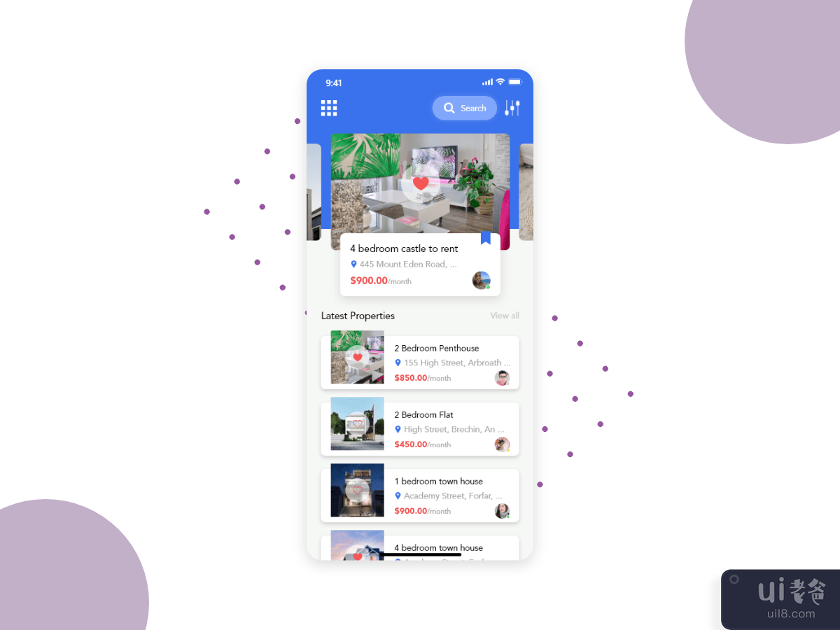 Dashboard concept screen for Properties for Rent app