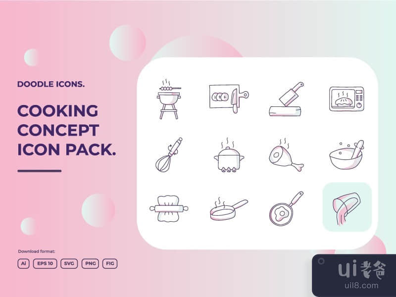 12 cooking concept doodle illustrations icon set