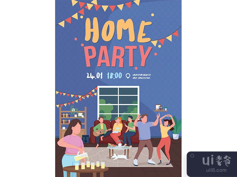 Home party poster flat vector template
