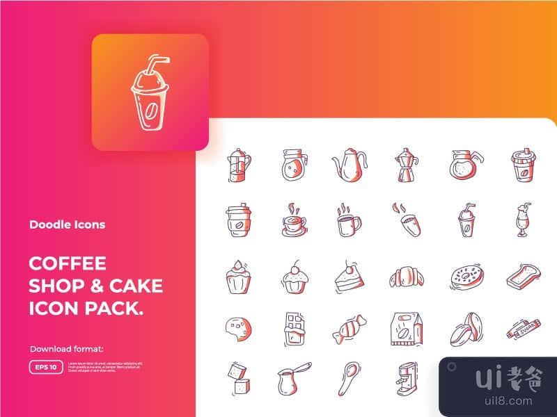 30 Coffee shop and cake concept doodle icon set