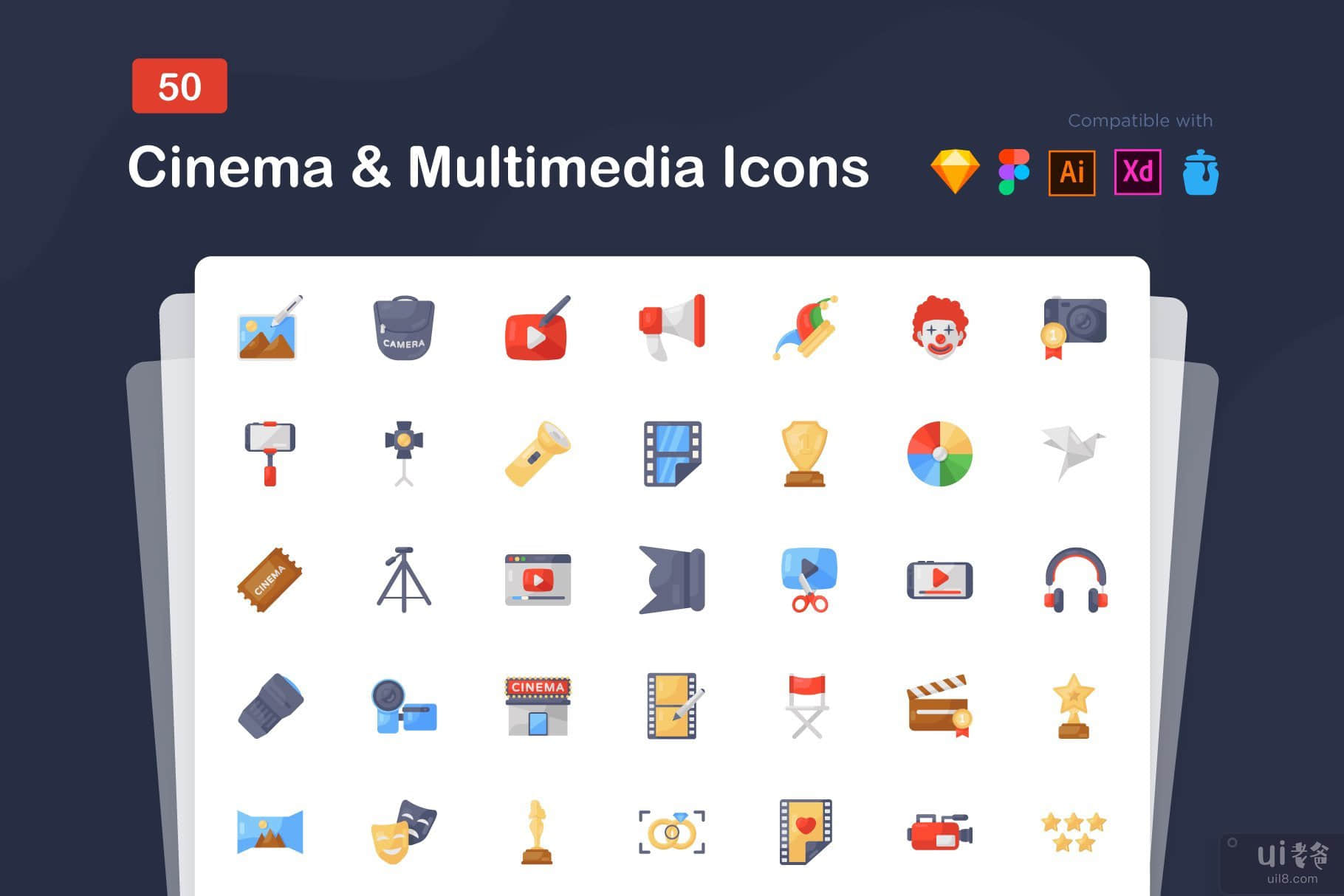 电影和多媒体平面图标(Cinema and Multimedia Flat Icons)插图7
