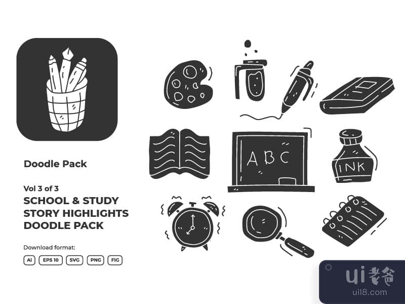 Vol 3 of 3 Set of hand drawn doodle school and study icon illustration