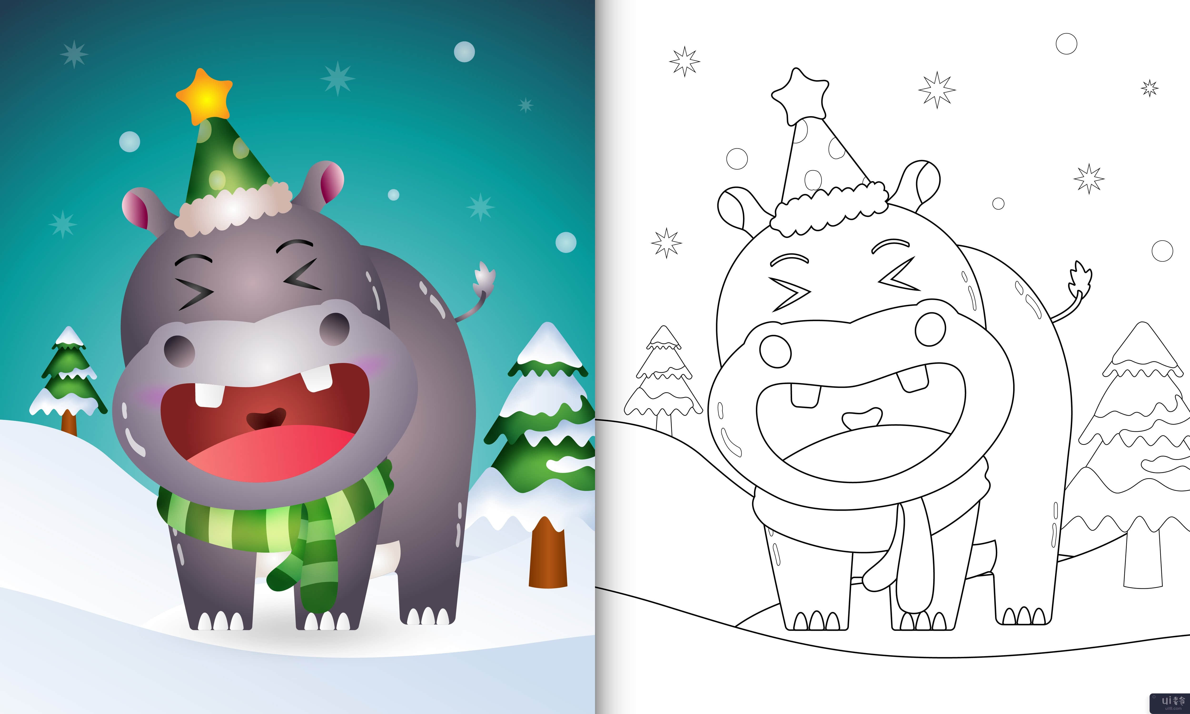 带有可爱河马圣诞人物的图画书(coloring book with a cute hippo christmas characters)插图