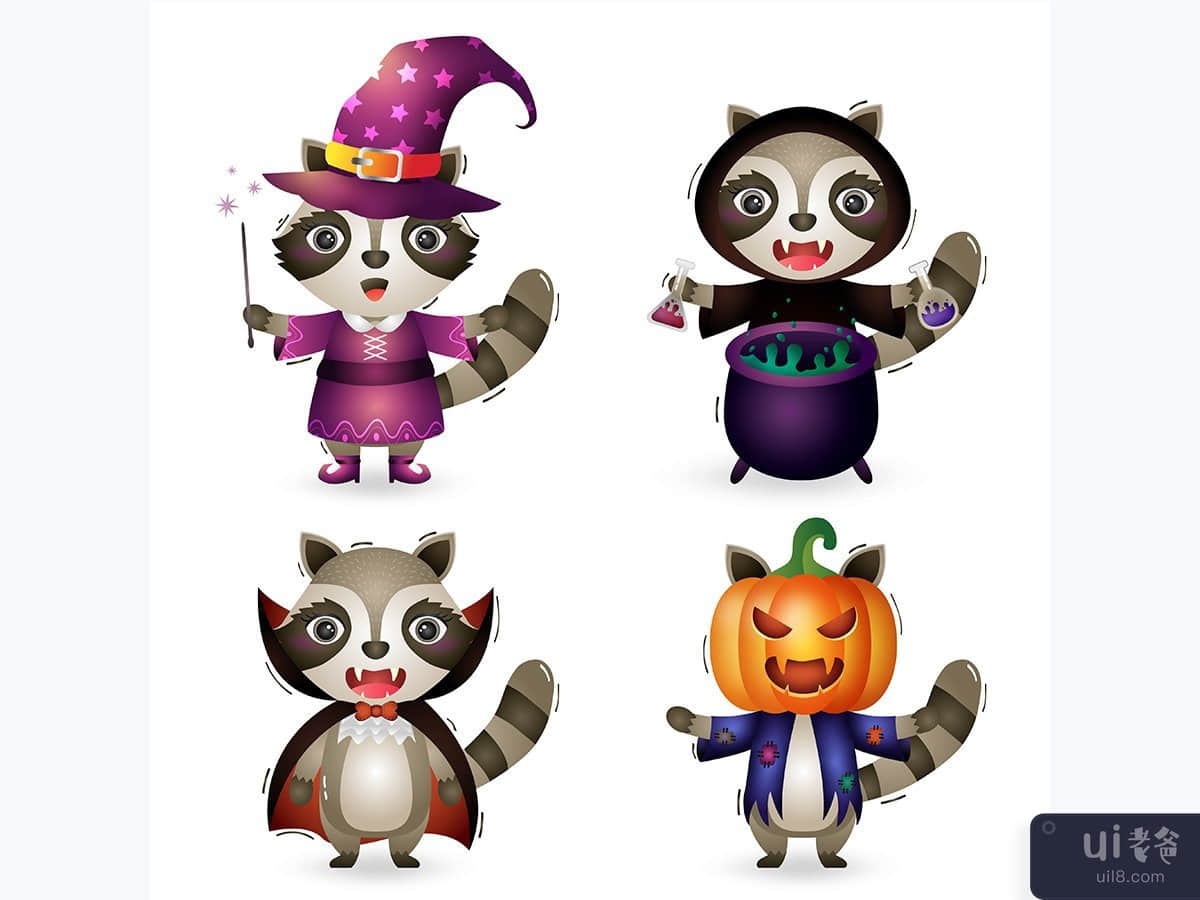 可爱的浣熊与服装万圣节人物收藏(cute raccoons with costume halloween character collection)插图