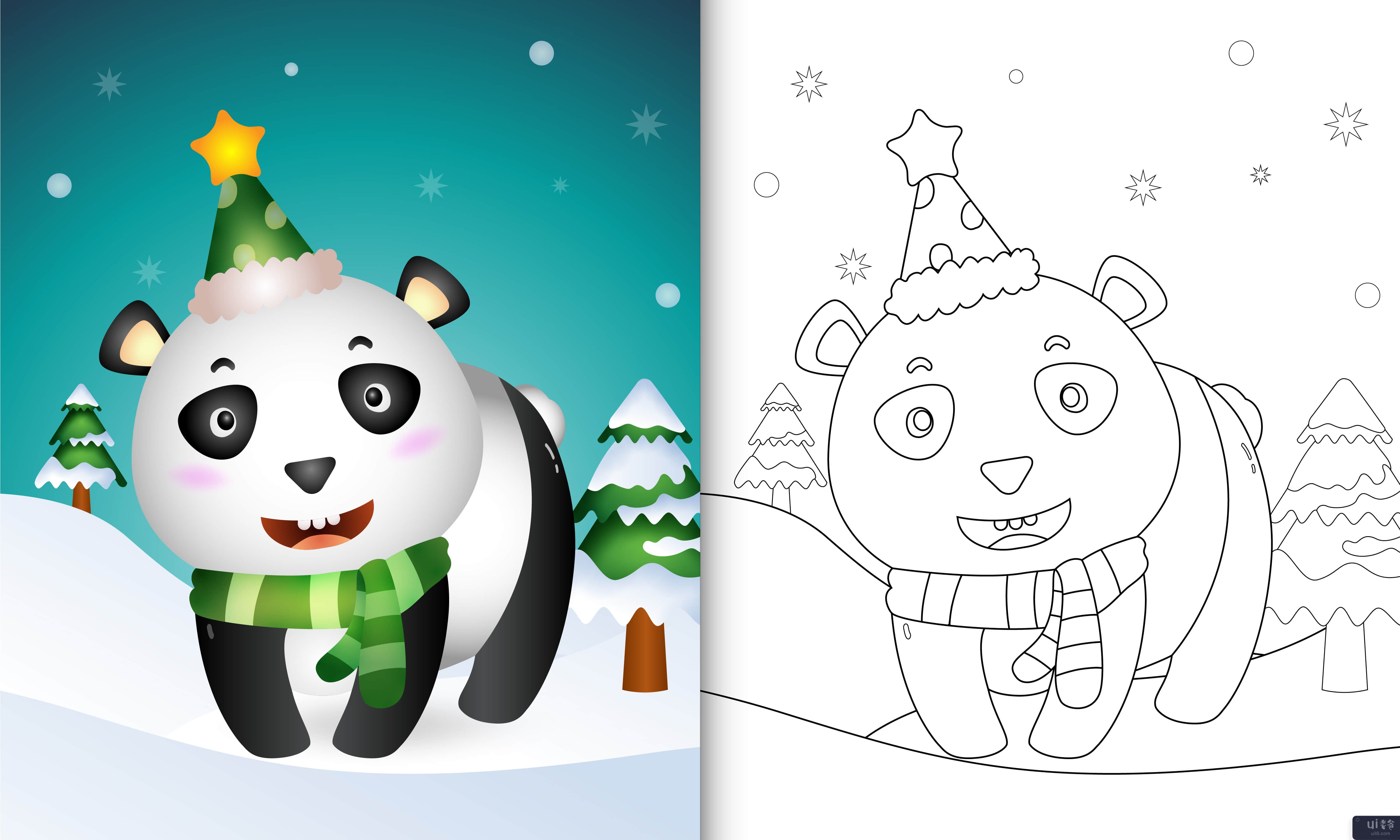 带有可爱熊猫圣诞人物的图画书(coloring book with a cute panda christmas characters)插图