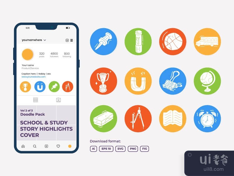 School and study doodle icon set for Instagram Highlight Story Cover 2-3
