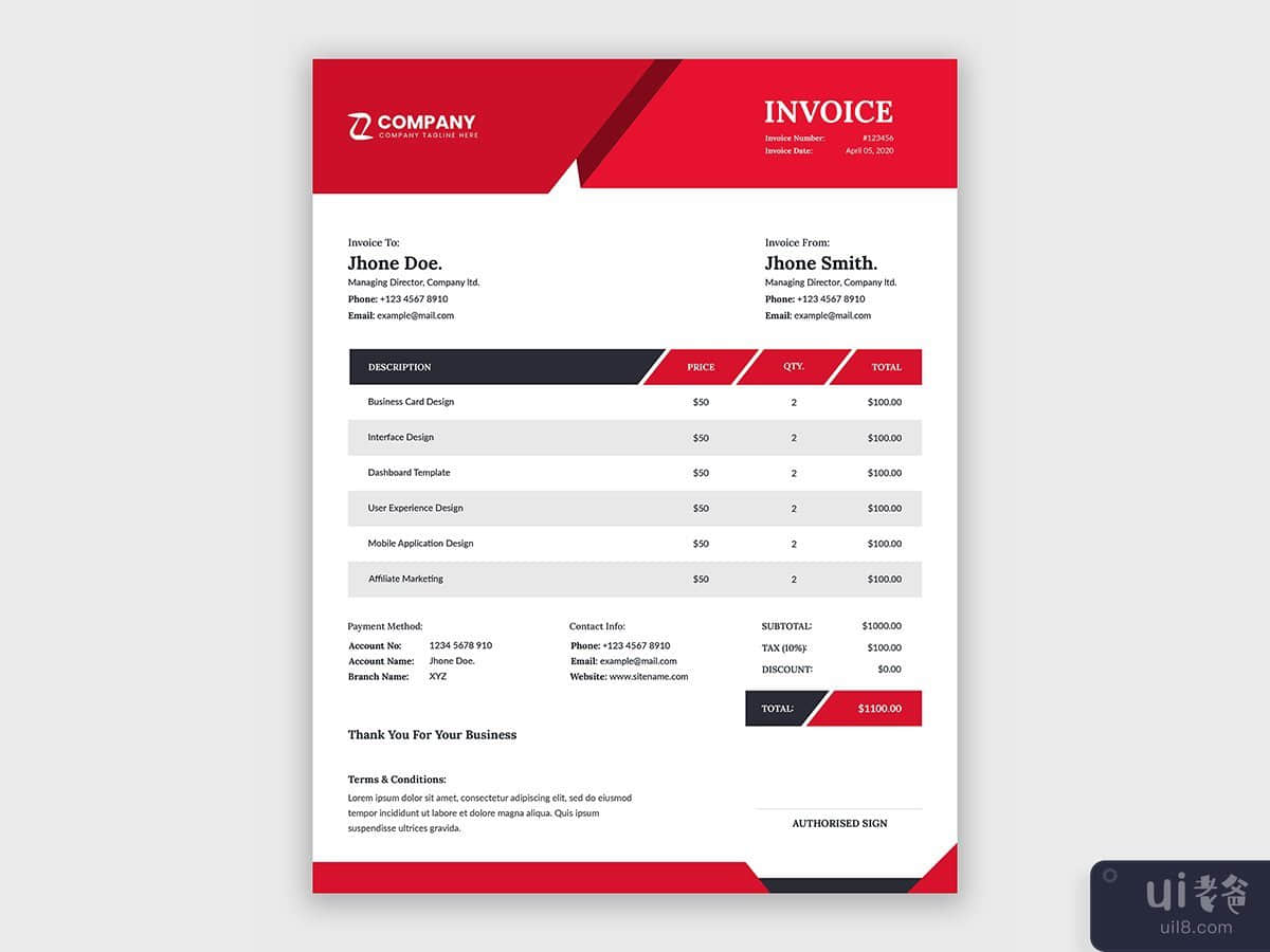 抽象的红色商业发票模板(Abstract red business invoice template)插图