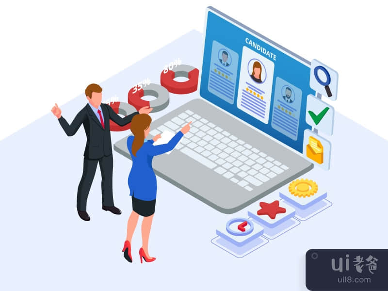 Business worker choosing candidate. Isometric Illustration.