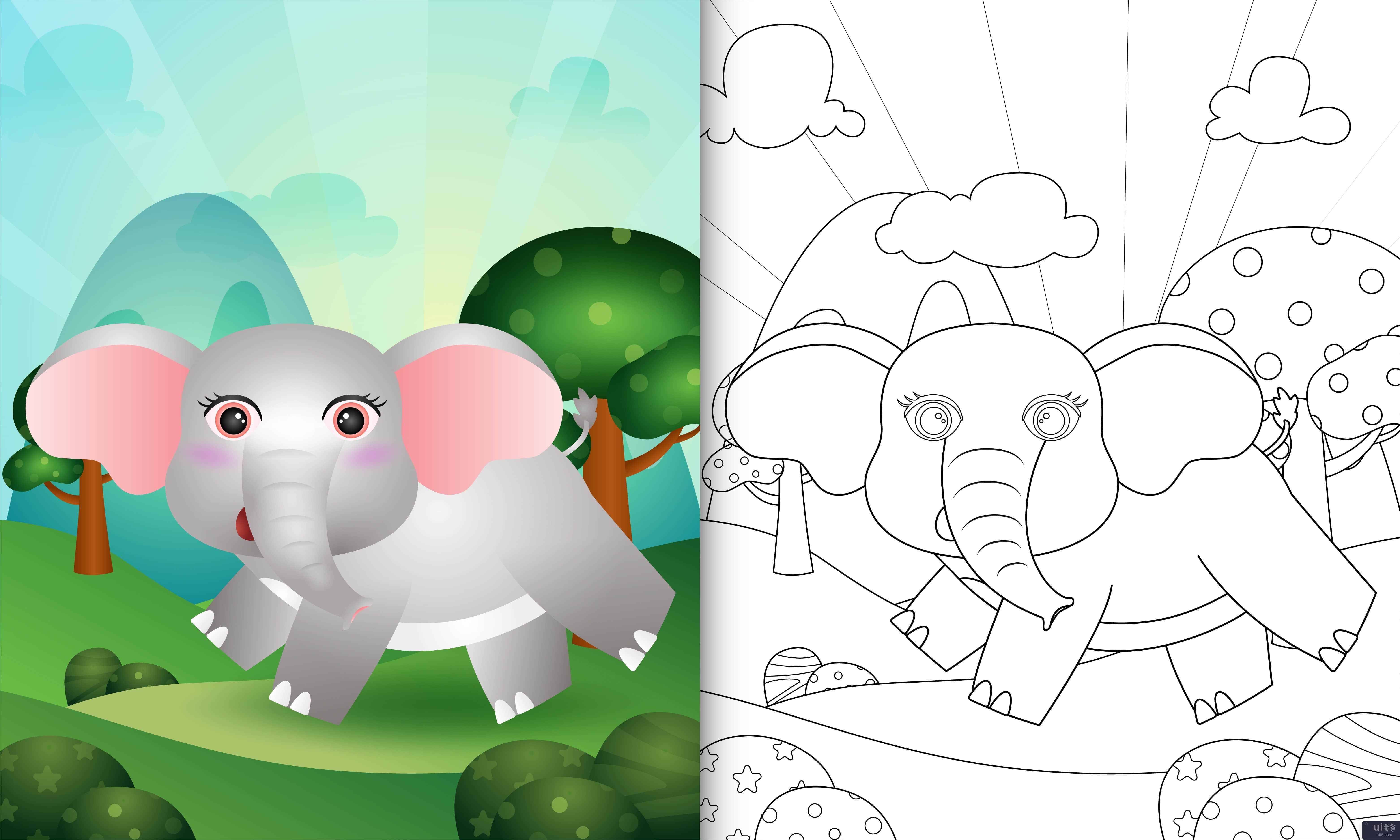 带有可爱大象角色插图的儿童着色书(coloring book for kids with a cute elephant character illustration)插图2