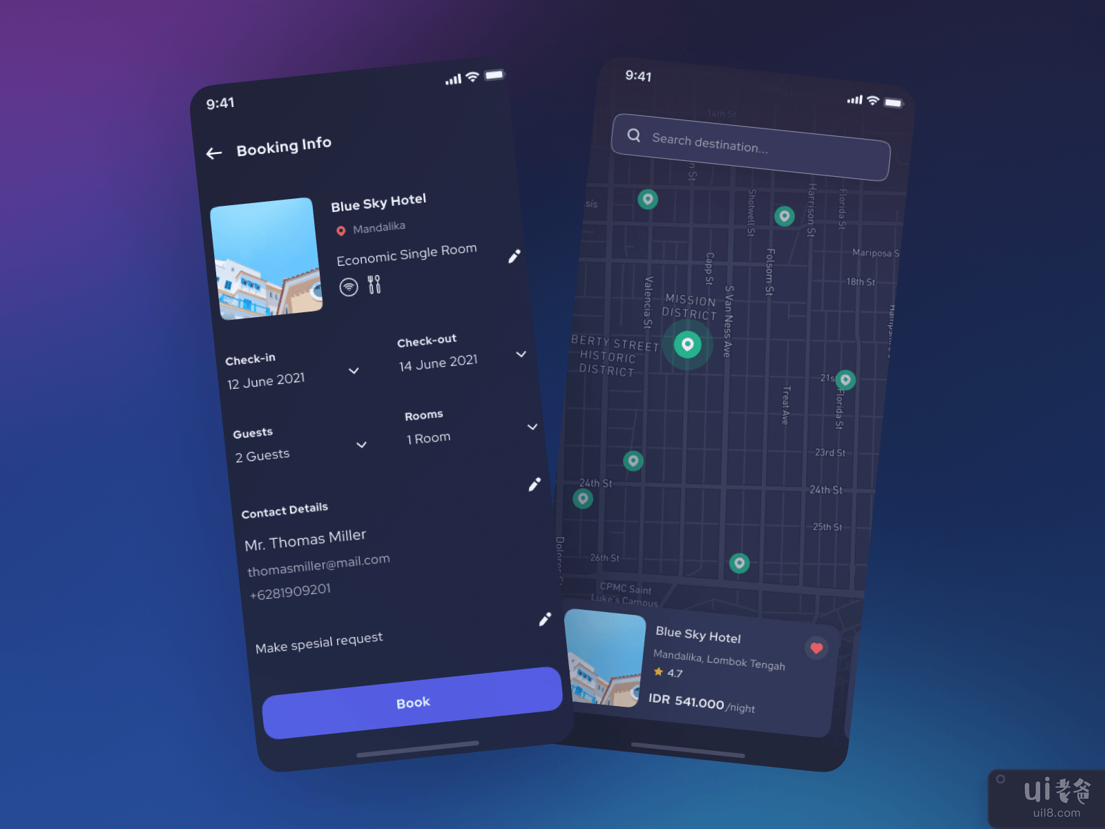 Brooms - Booking Info & Maps Page (Dark Mode)