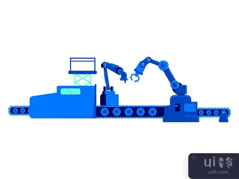 Assembly line with industrial robotic arms semi flat color vector object