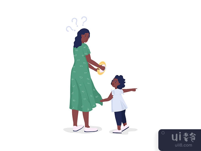 Chlid distracts mother semi flat color vector characters