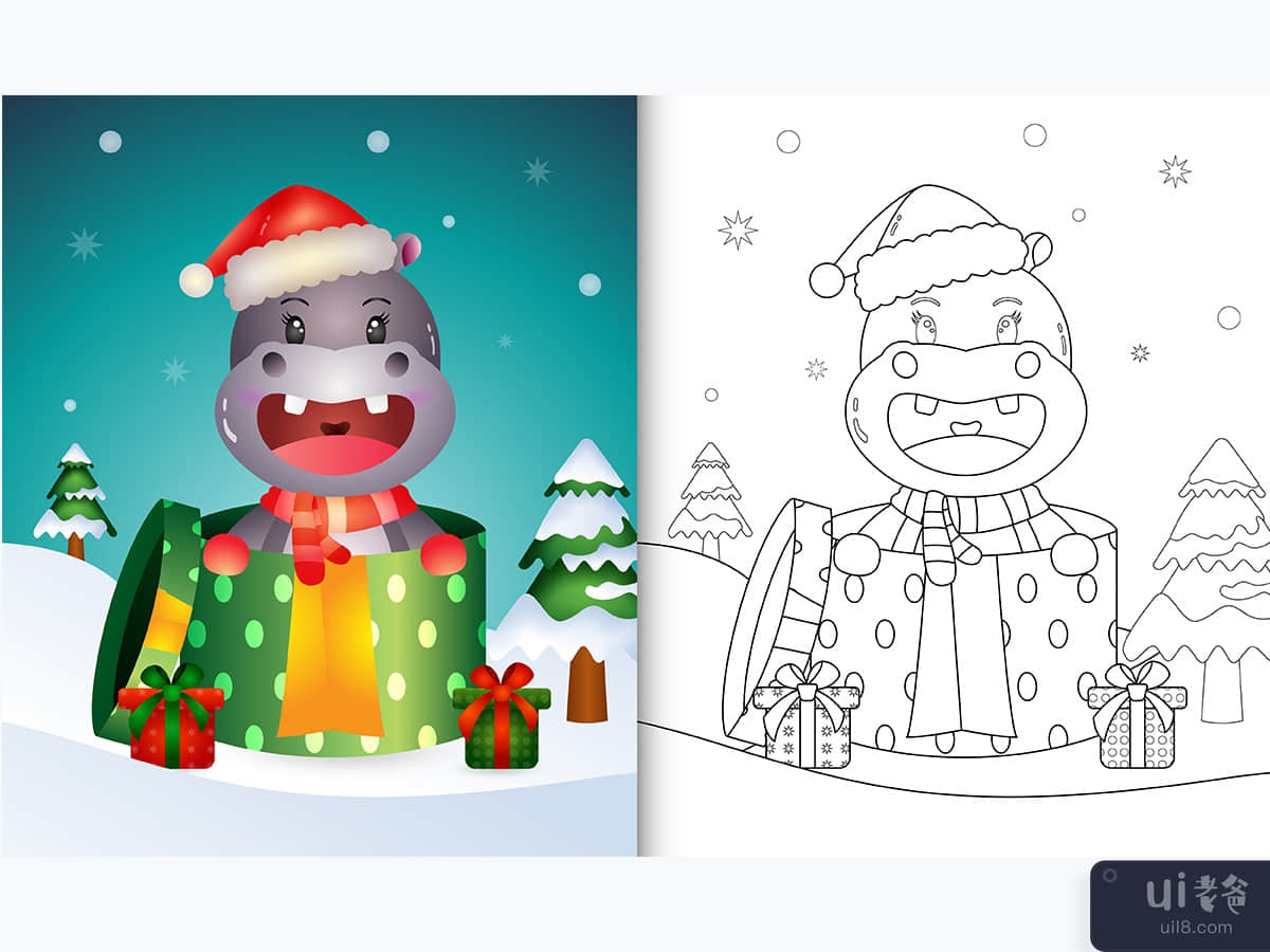 coloring book with a cute hippo christmas characters 