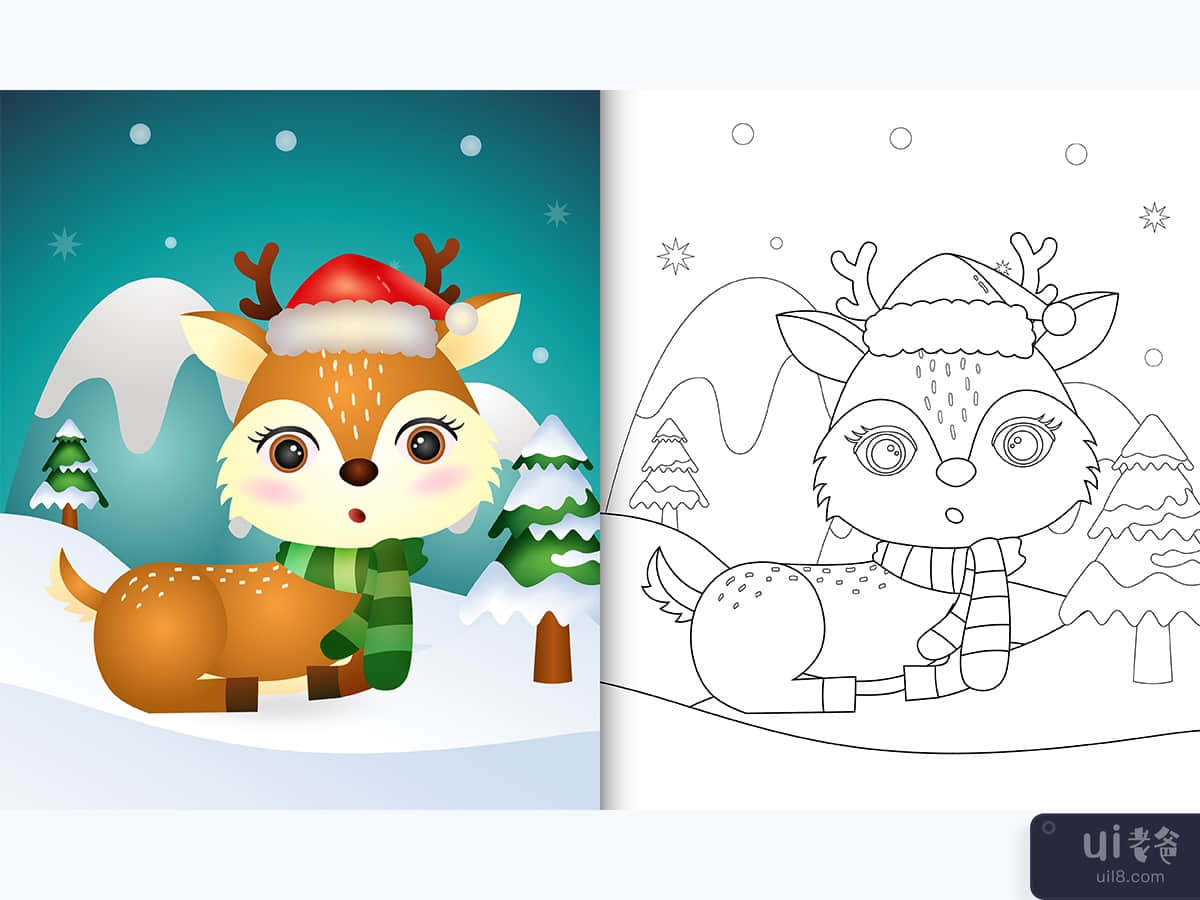 涂色书，上面有可爱的鹿圣诞人物，戴着圣诞帽和围巾(coloring book with a cute deer christmas characters with a santa hat and scarf)插图2