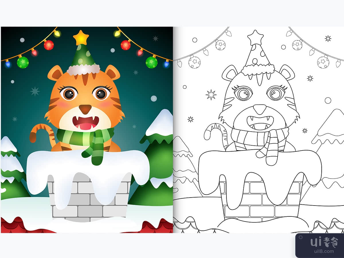 coloring book for kids with a cute tiger using hat and scarf in chimney