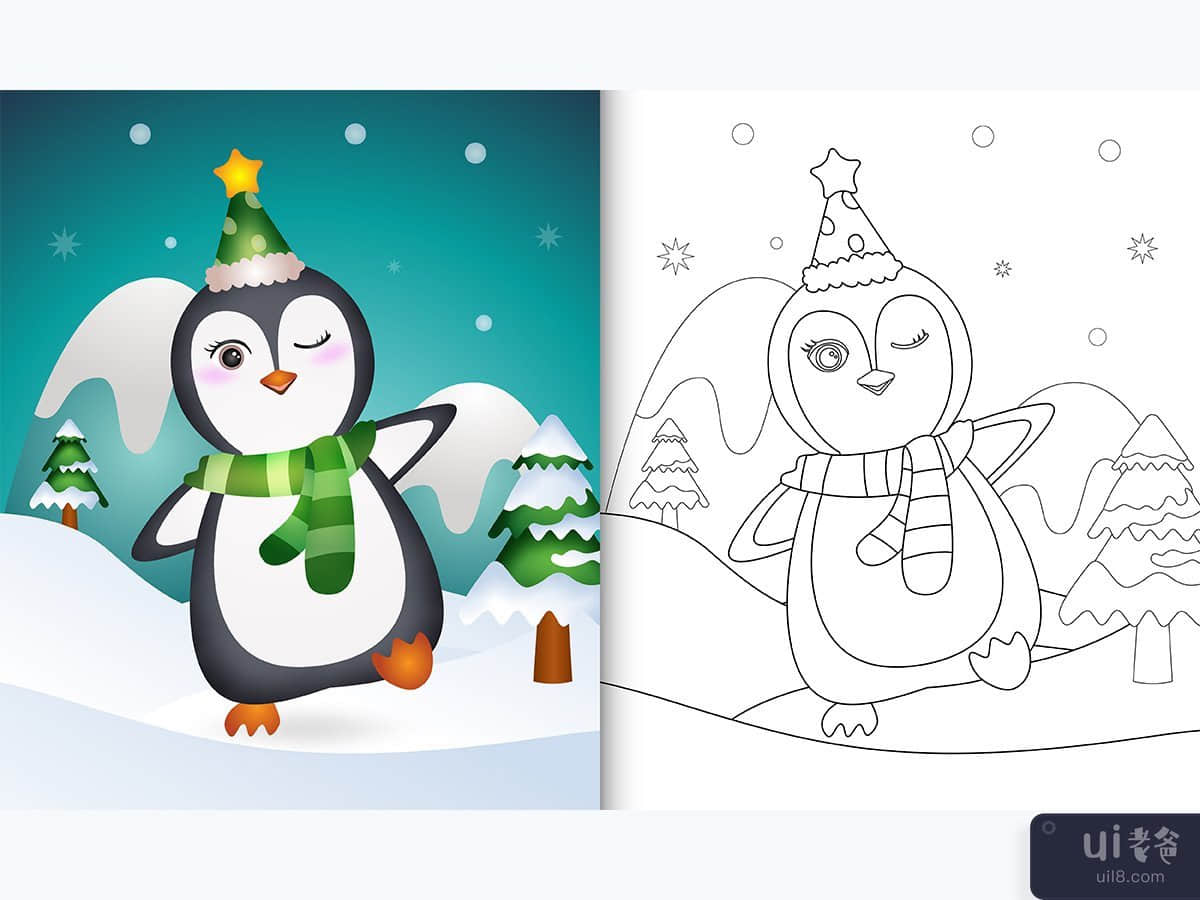 涂色书，上面有可爱的企鹅圣诞人物，戴着帽子和围巾(coloring book with a cute penguin christmas characters with a hat and scarf)插图2
