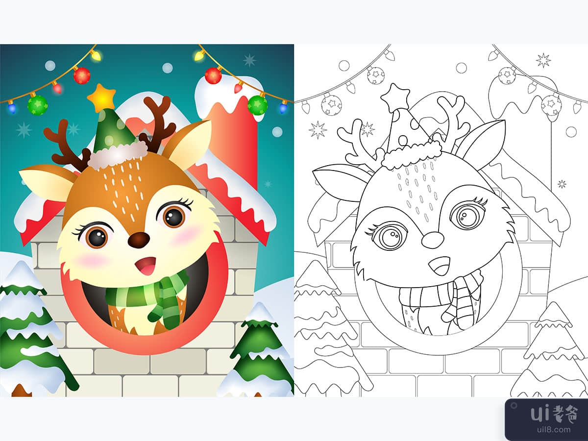 coloring book with a cute deer christmas characters 