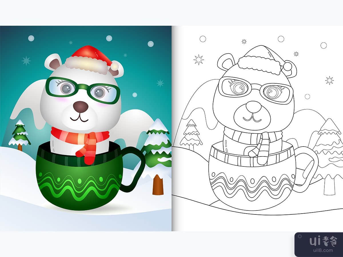 着色书，杯子里有可爱的北极熊圣诞人物(coloring book with a cute polar bear christmas characters  in the cup)插图2