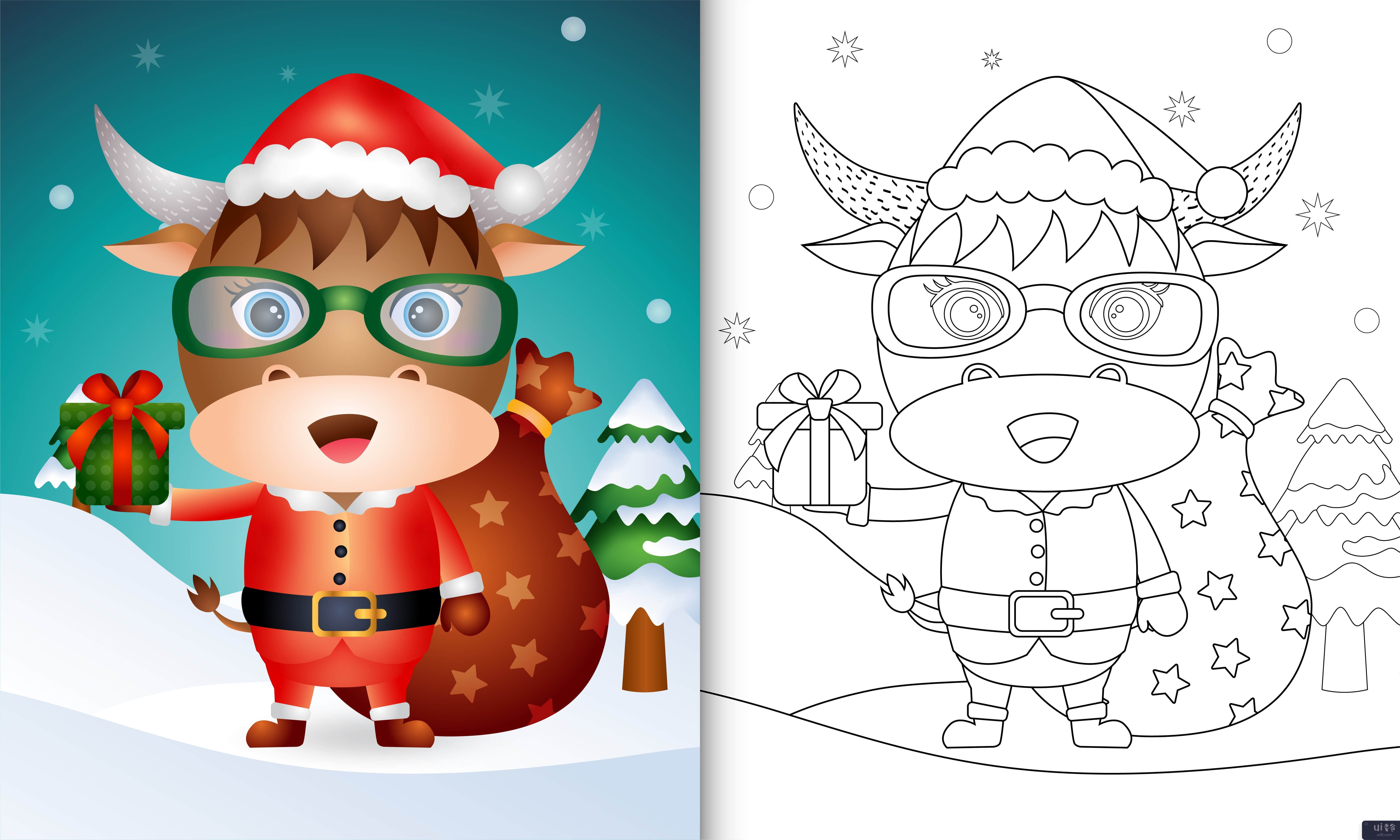 使用圣诞老人服装的可爱水牛着色书(coloring book with a cute buffalo using santa clause costume)插图2