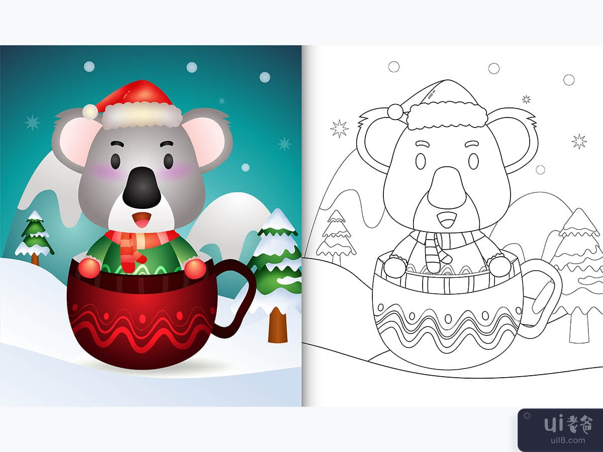 coloring book with a cute koala christmas characters  in the cup