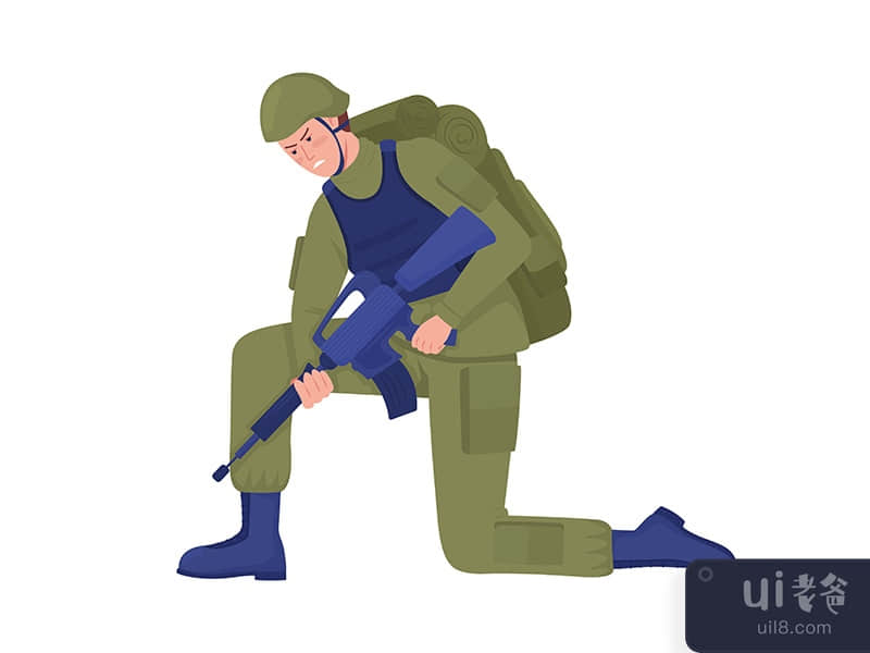 Army soldier with rifle looking for trace semi flat color vector character