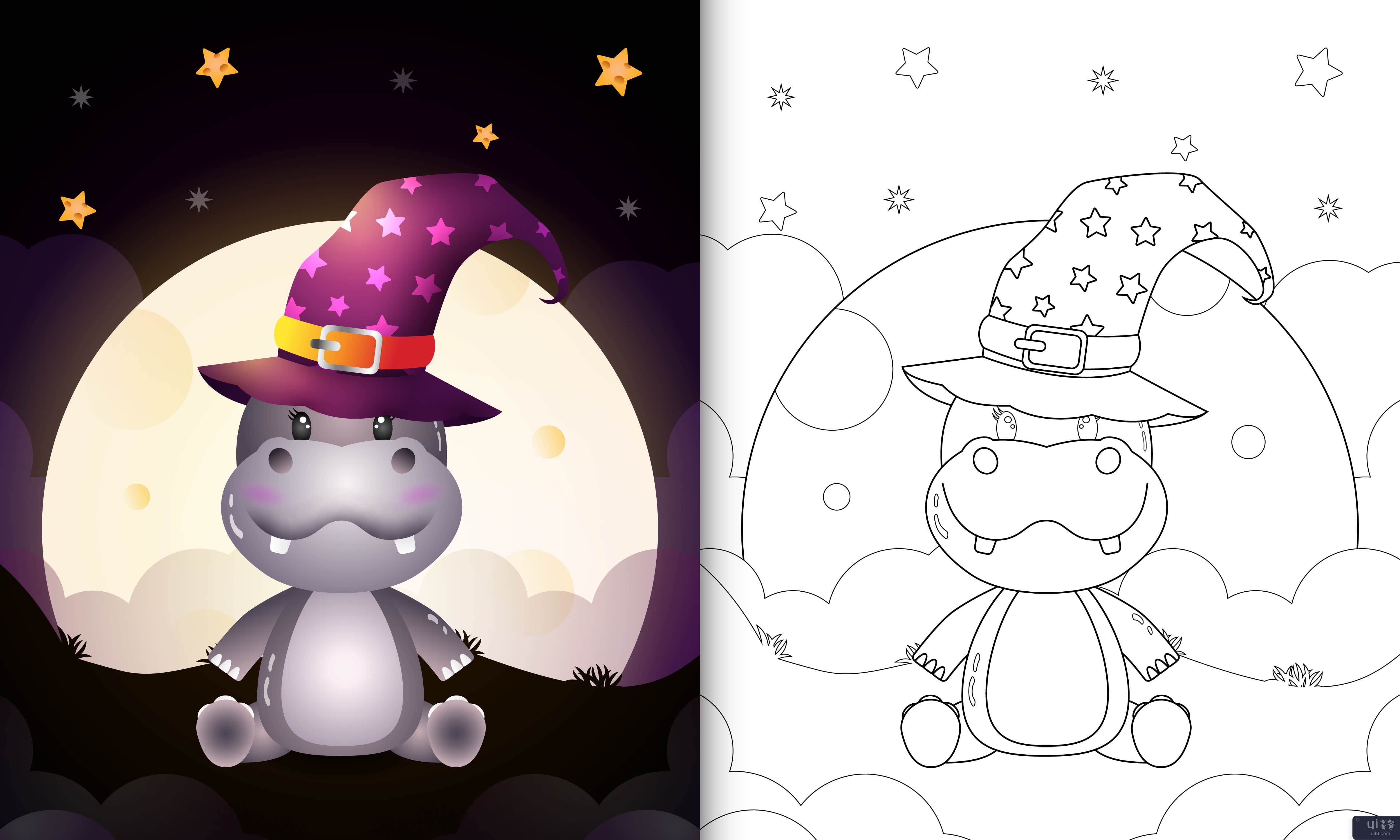 着色书与可爱的卡通万圣节女巫河马在月亮前(coloring book with a cute cartoon halloween witch hippo front the moon)插图2