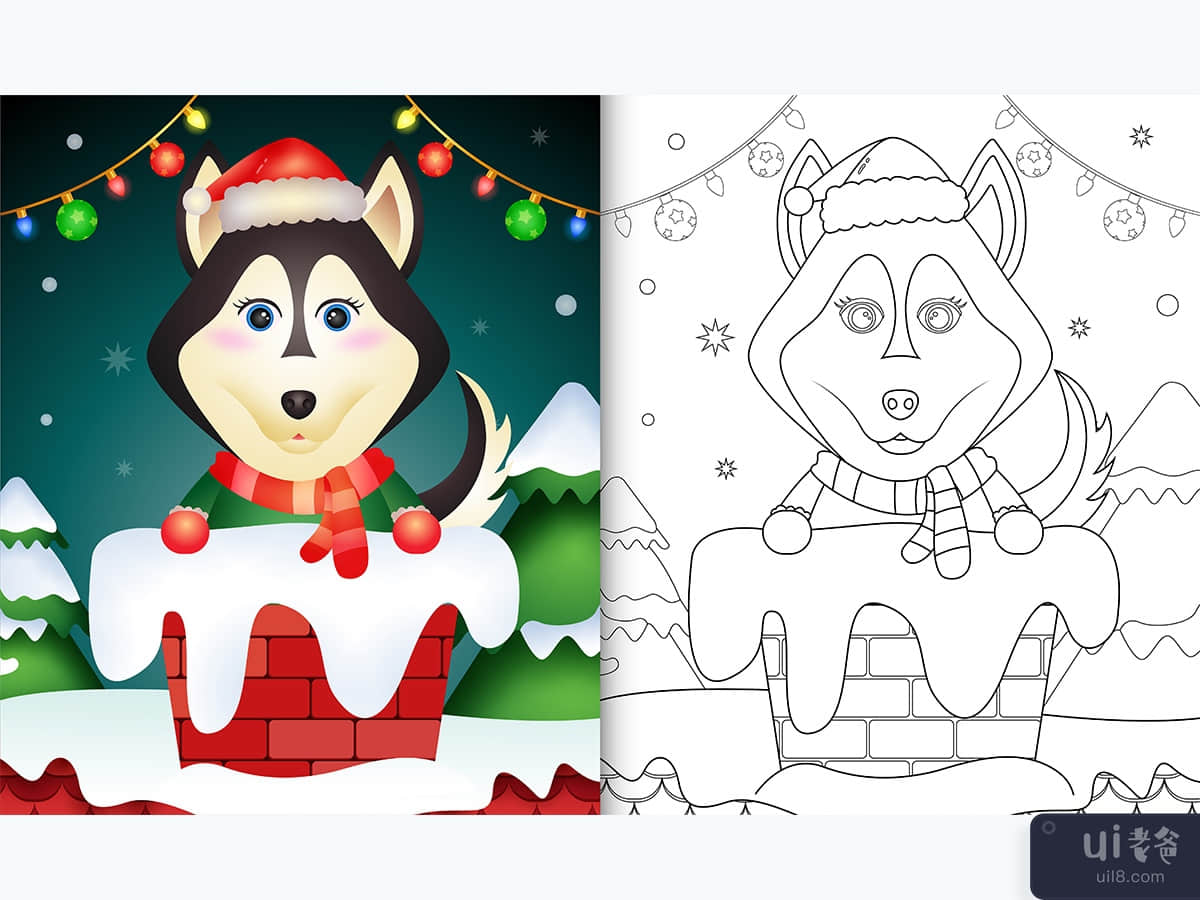 coloring for kids with a cute husky dog using santa hat and scarf in chimney