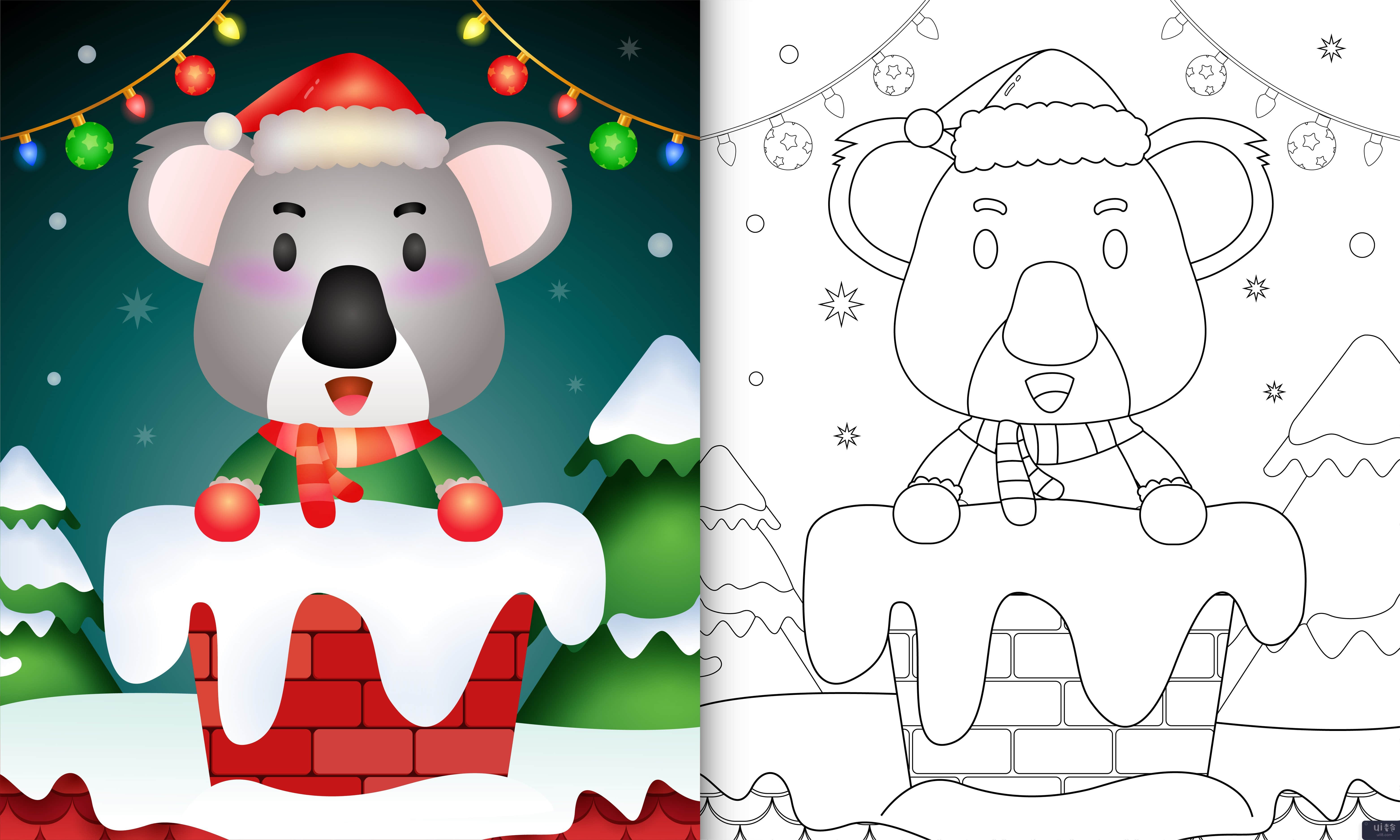 用圣诞老人的帽子和围巾在烟囱里为可爱的考拉着色(coloring for kids with a cute koala using santa hat and scarf in chimney)插图2