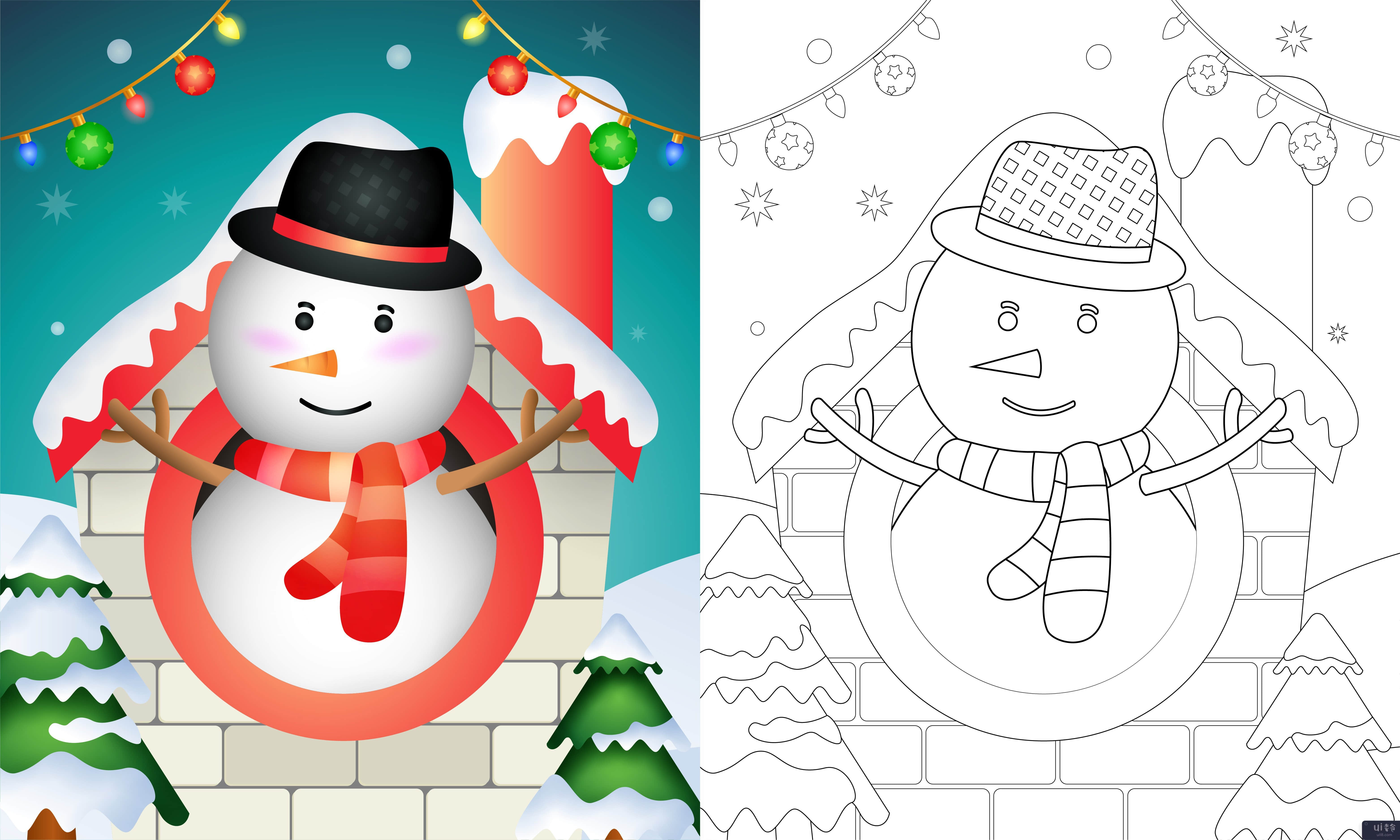 用帽子和围巾为可爱的雪人圣诞人物着色书(coloring book with a cute snowman christmas characters using hat and scarf)插图2