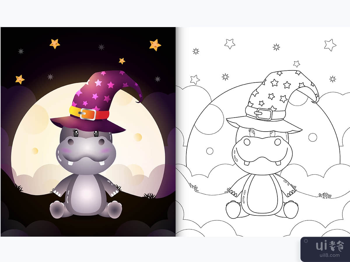 coloring book with a cute cartoon halloween witch hippo front the moon