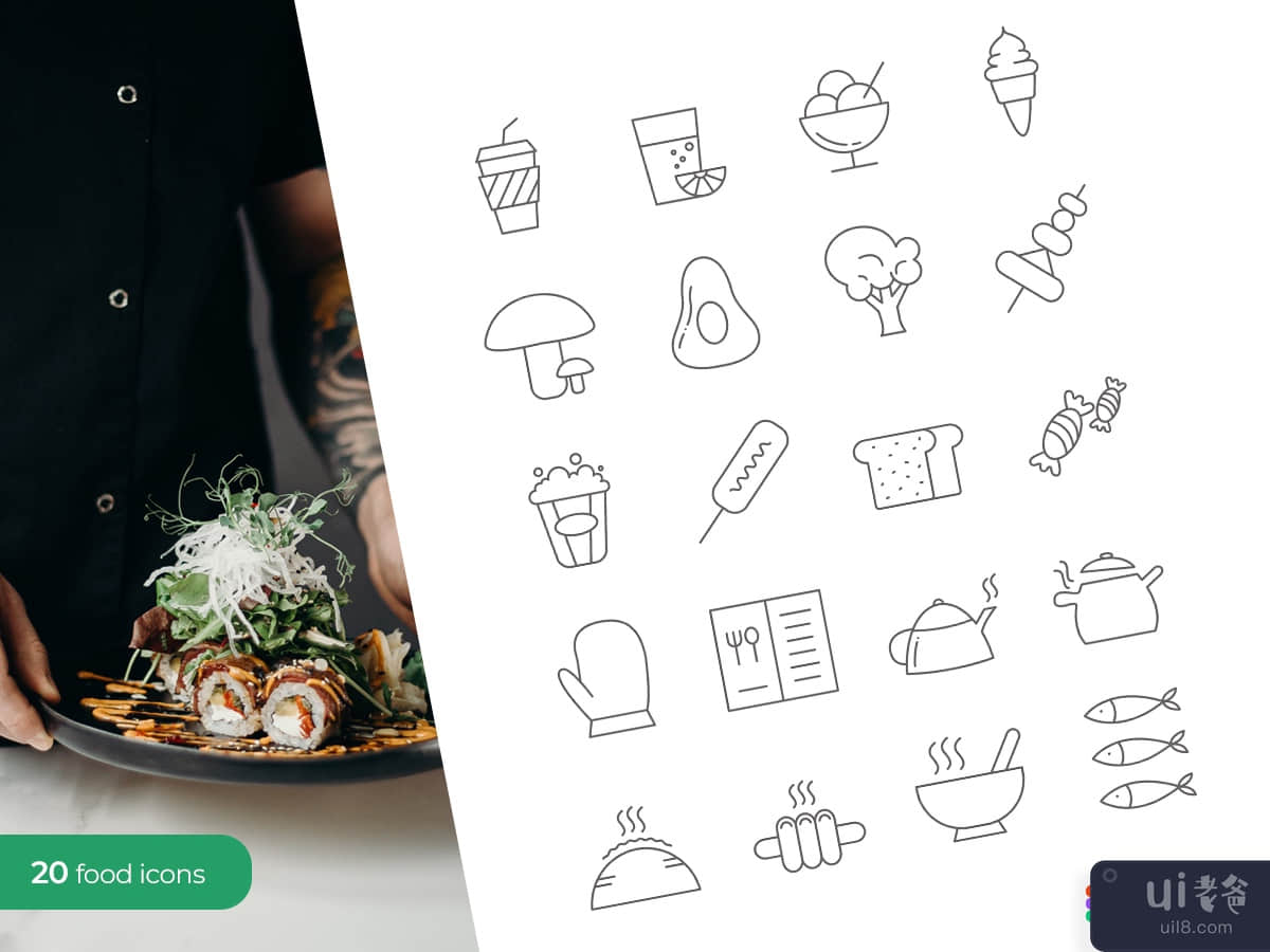 20 food and drink icons with thin line styles