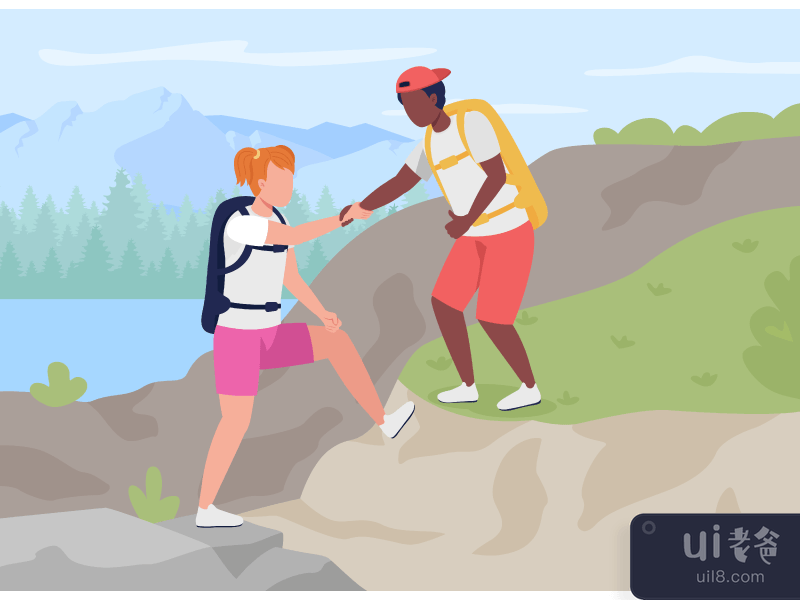 Couple mountaineering flat color vector illustration