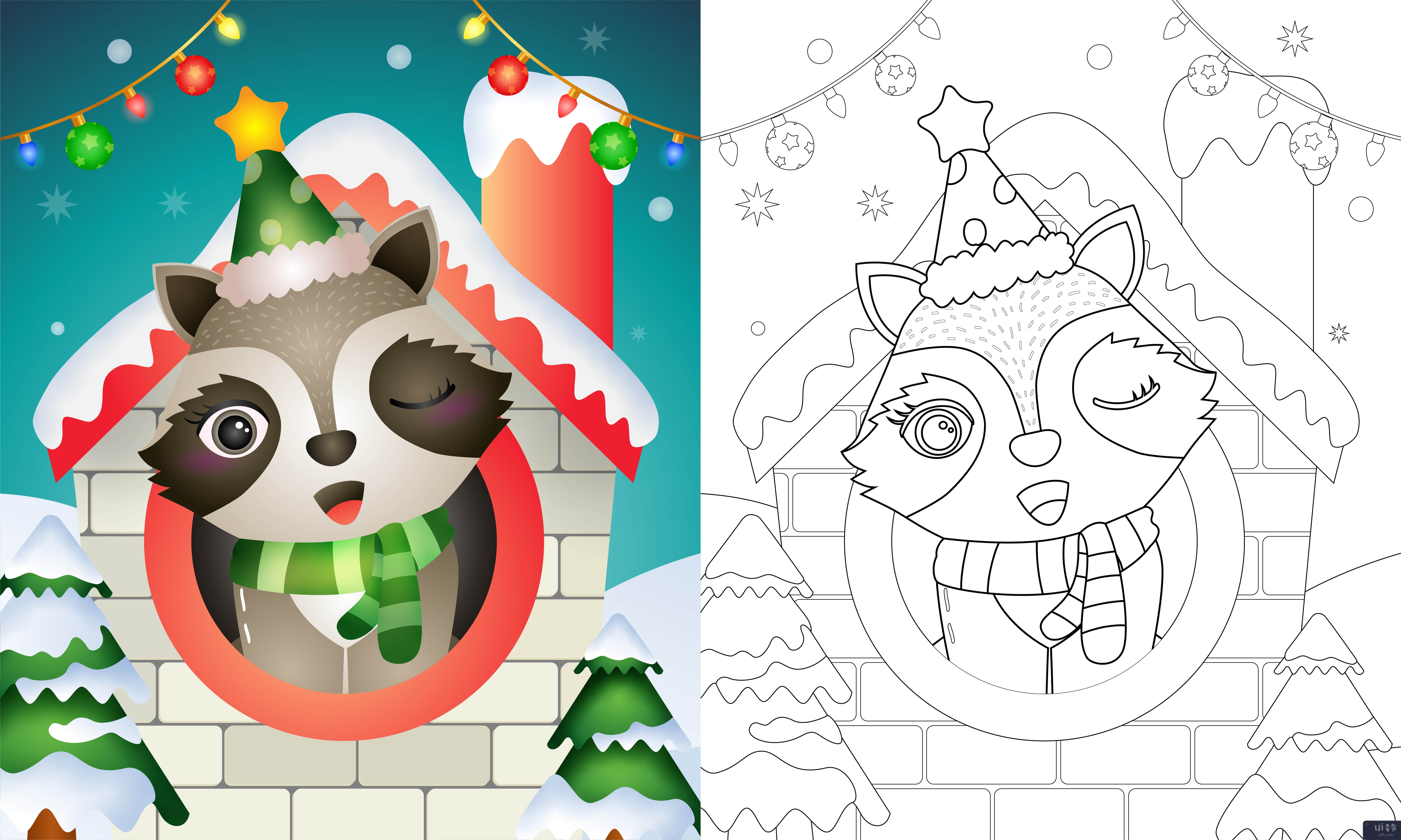 用帽子和围巾为可爱的浣熊圣诞人物着色书(coloring book with a cute raccoon christmas characters using hat and scarf)插图2