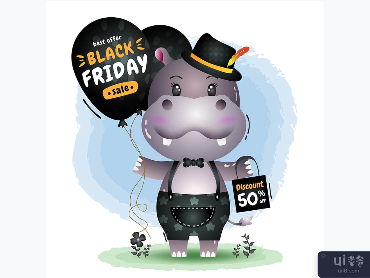 Black friday sale with a cute hippo hold balloon promotion