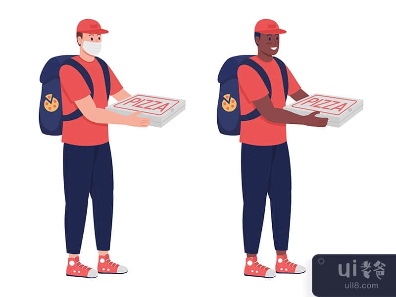 Courier with pizza semi flat color vector character set