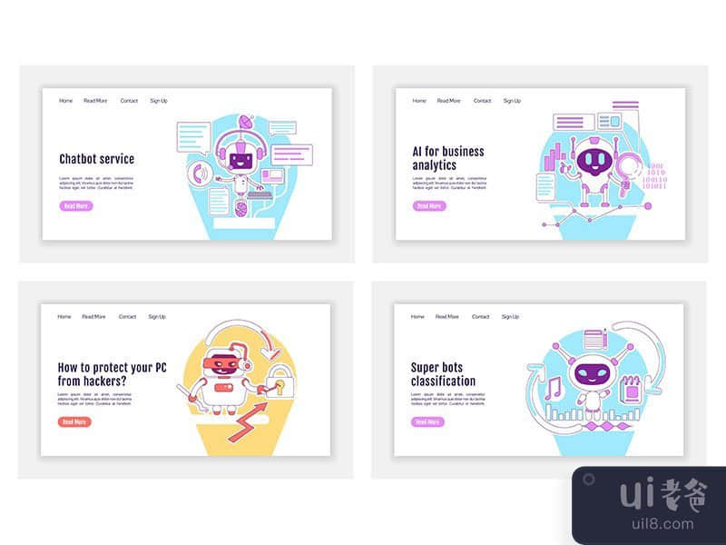 Bad and good bots landing page flat silhouette vector templates set