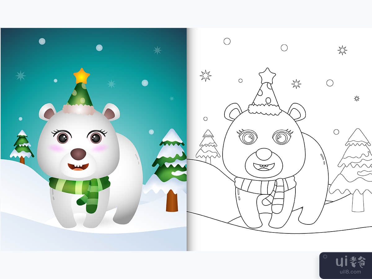 coloring book with a cute polar bear christmas characters 