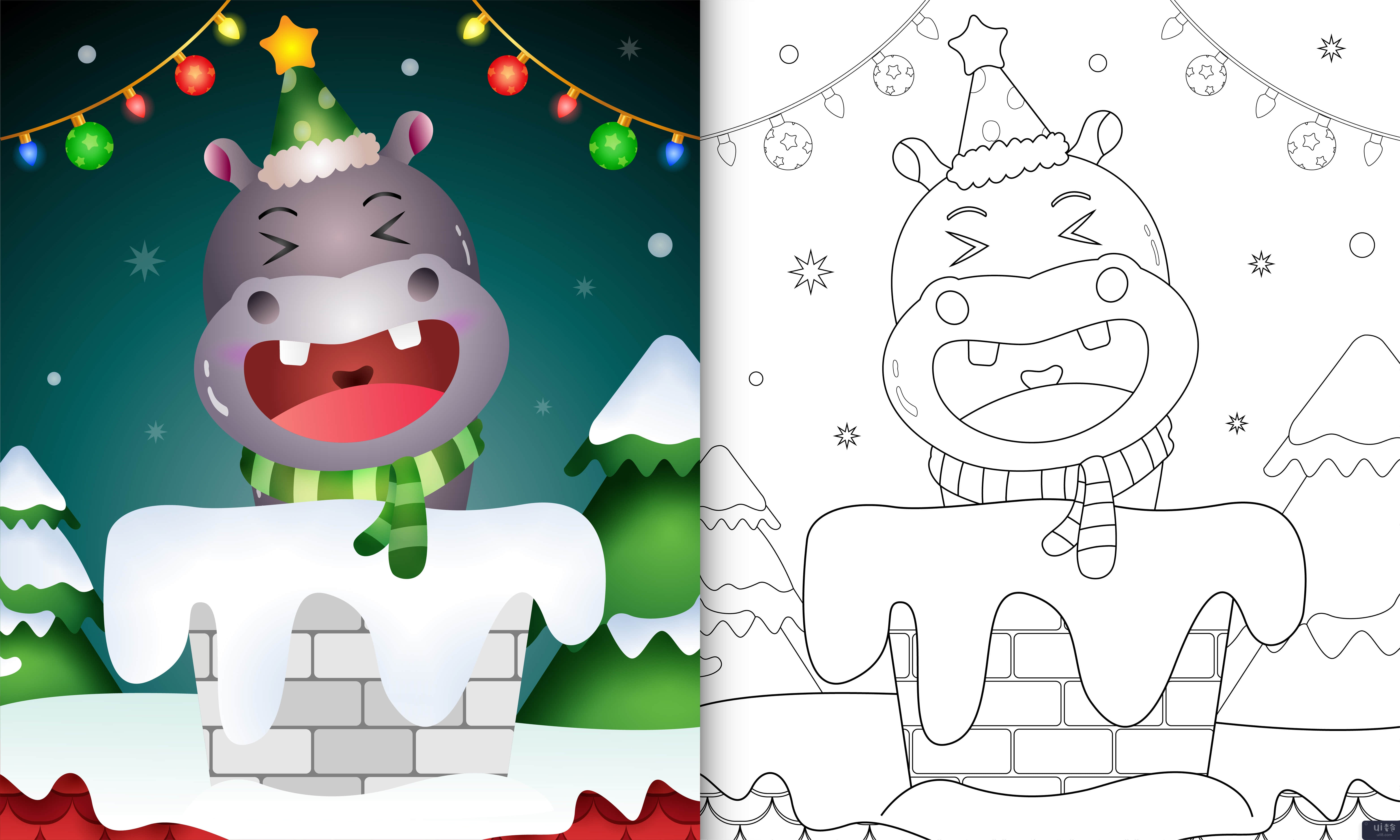 为有可爱河马的孩子们涂色书，在烟囱里用圣诞帽和围巾(coloring book for kids with a cute hippo using santa hat and scarf in chimney)插图2