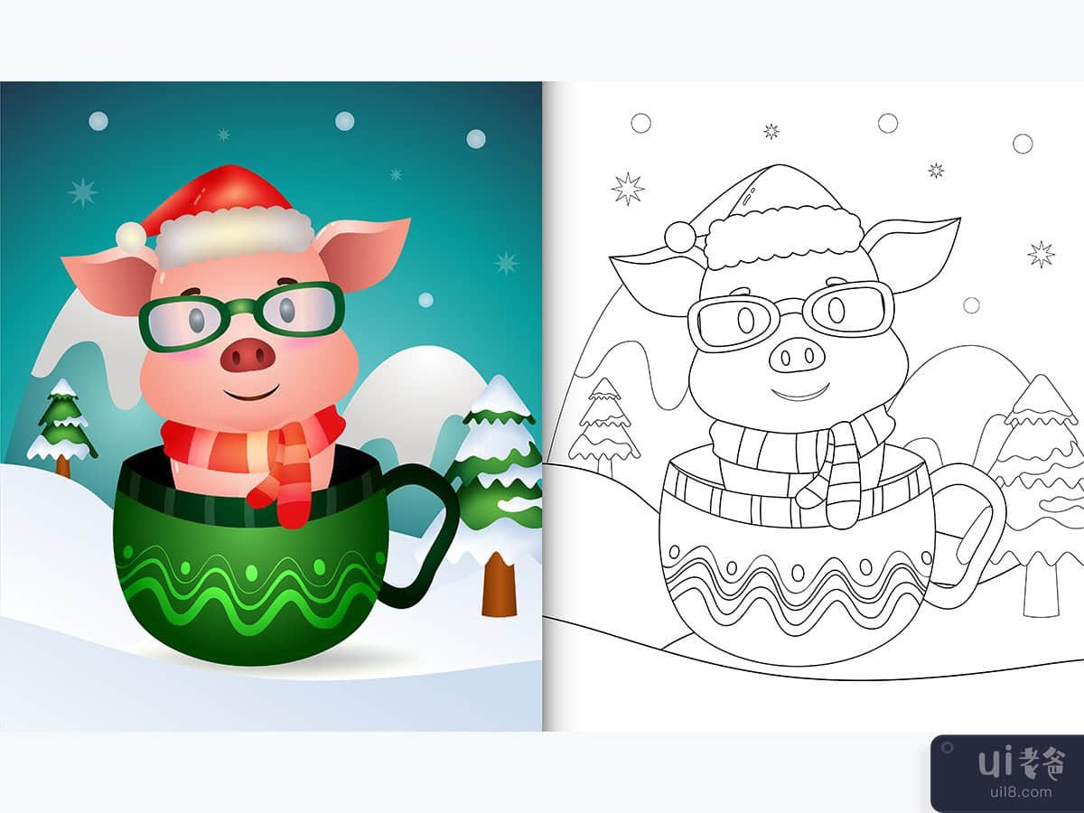 着色书，杯子里有可爱的猪圣诞人物(coloring book with a cute pig christmas characters  in the cup)插图2