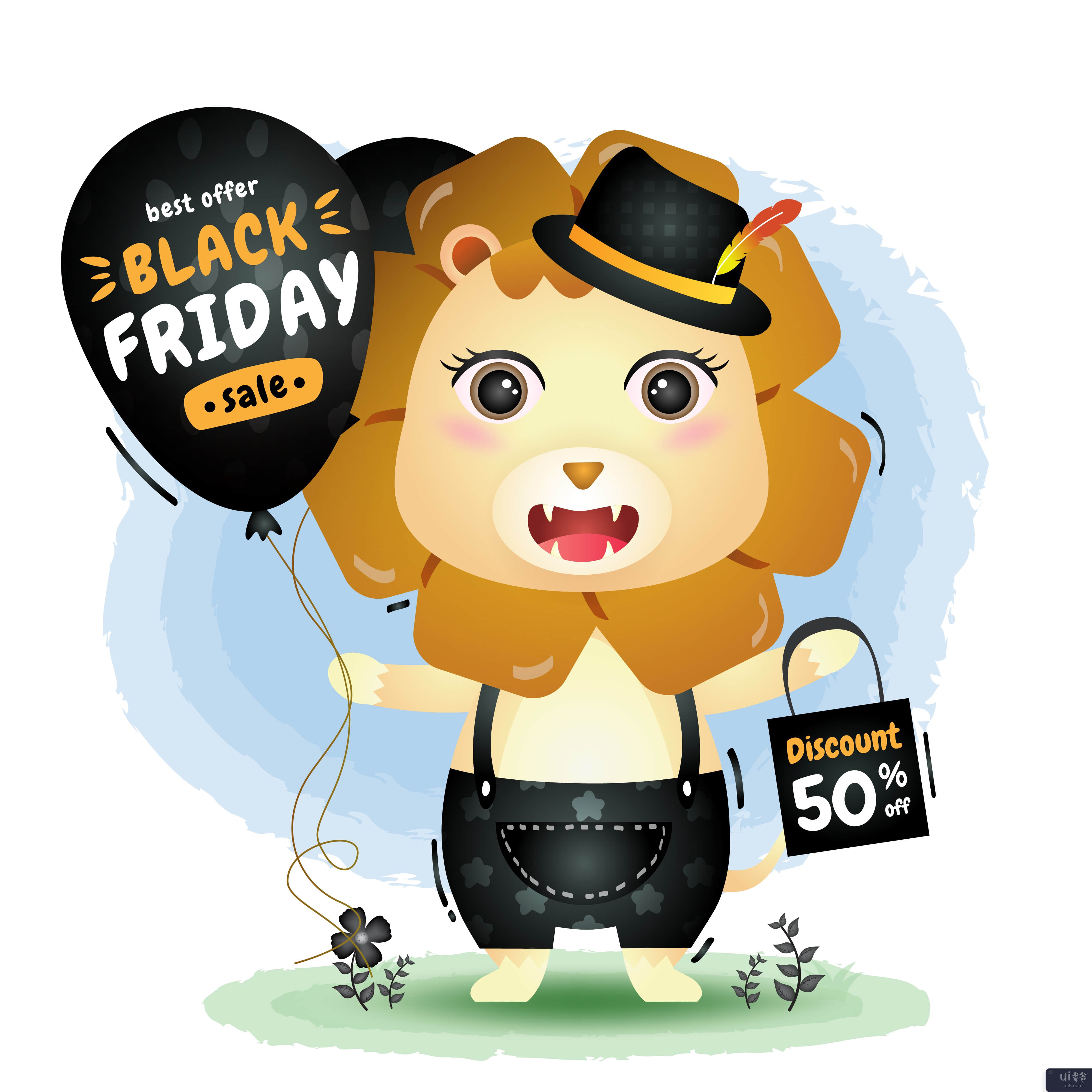 黑色星期五促销活动，带有可爱的狮子气球促销(Black friday sale with a cute lion hold balloon promotion)插图2