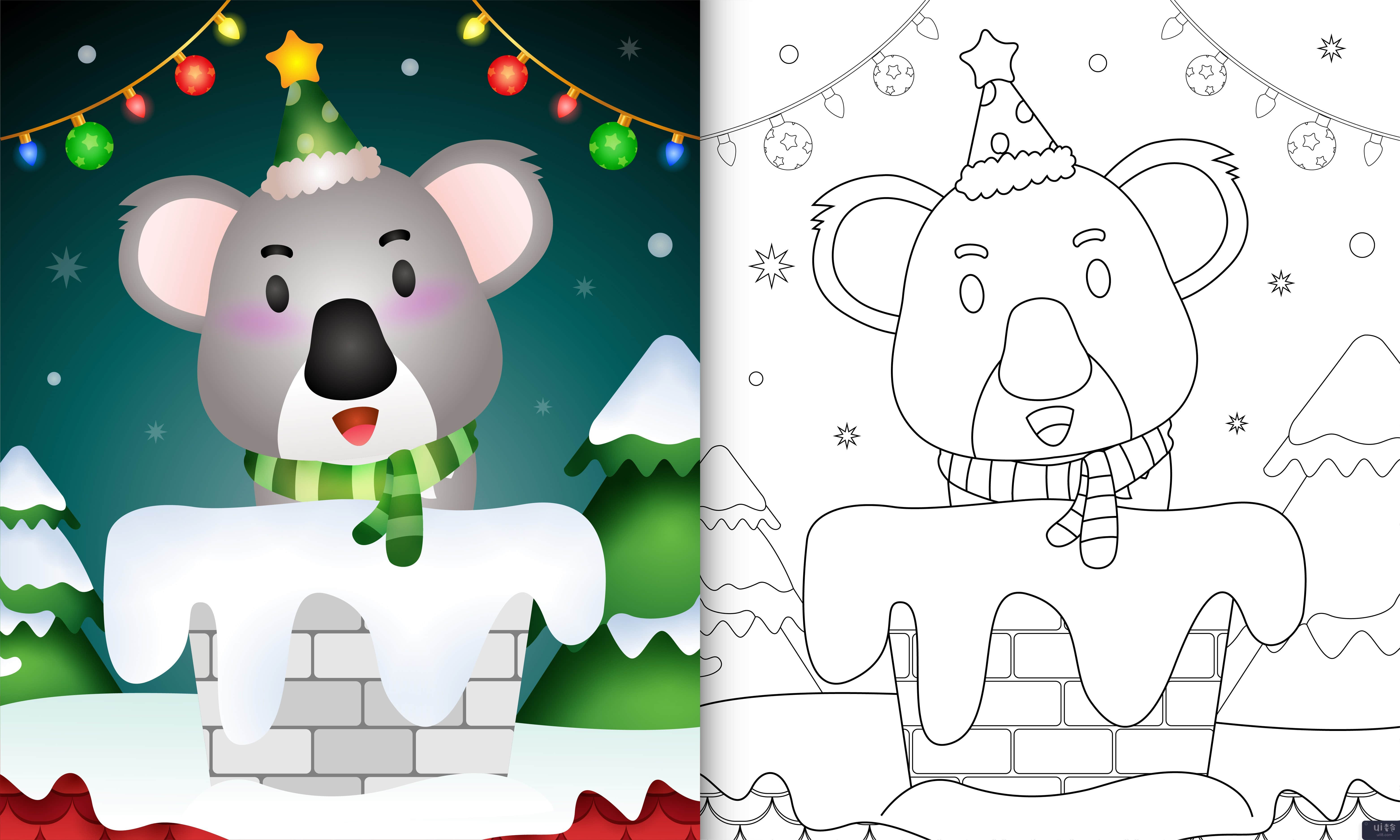 孩子们的图画书，带着可爱的考拉，在烟囱里用圣诞帽和围巾(coloring book for kids with a cute koala using santa hat and scarf in chimney)插图2