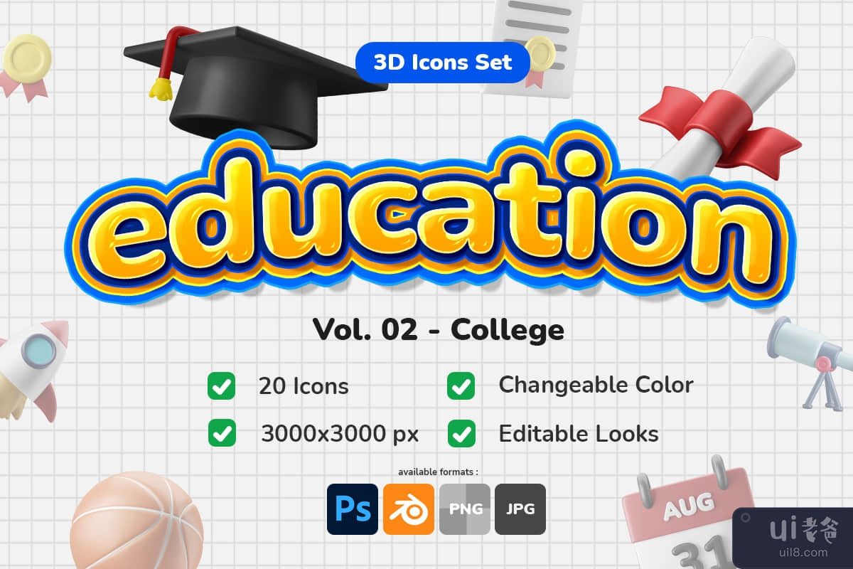 3D 图标集-教育卷。 02 - 学院主题(3D Icon Set - Education Vol. 02 - College Theme)插图8