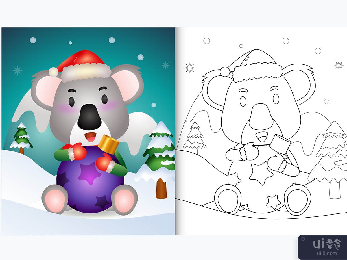 coloring book with a cute koala hug christmas ball