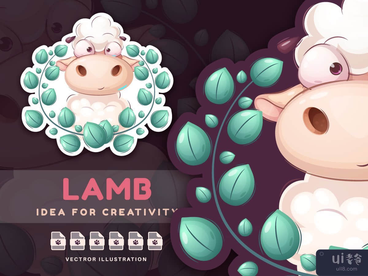 Cartoon Character Animal Sheep in Leaf - Sticker
