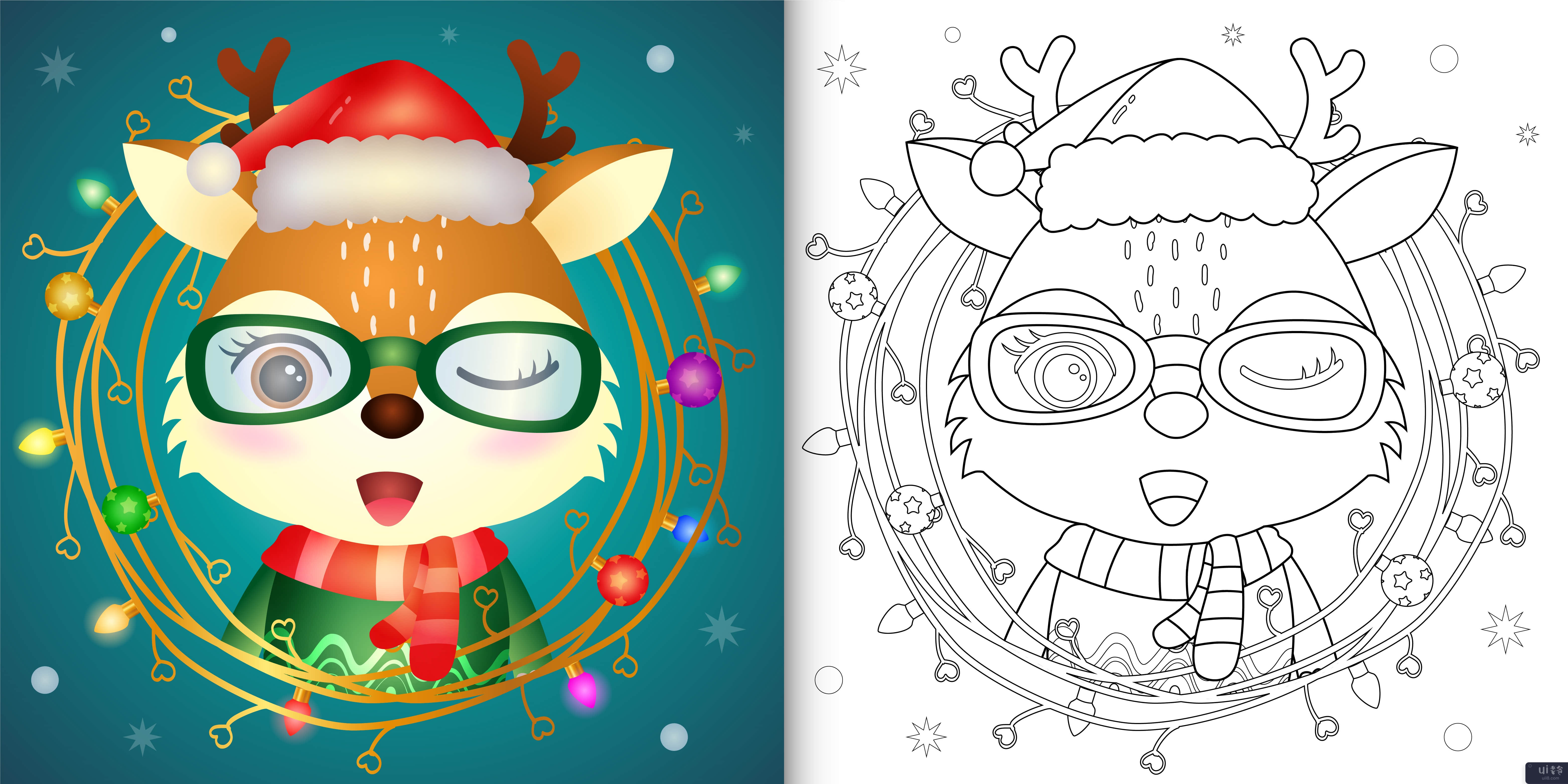 带有可爱的鹿圣诞人物系列的着色书(coloring book with a cute deer christmas characters collection)插图2