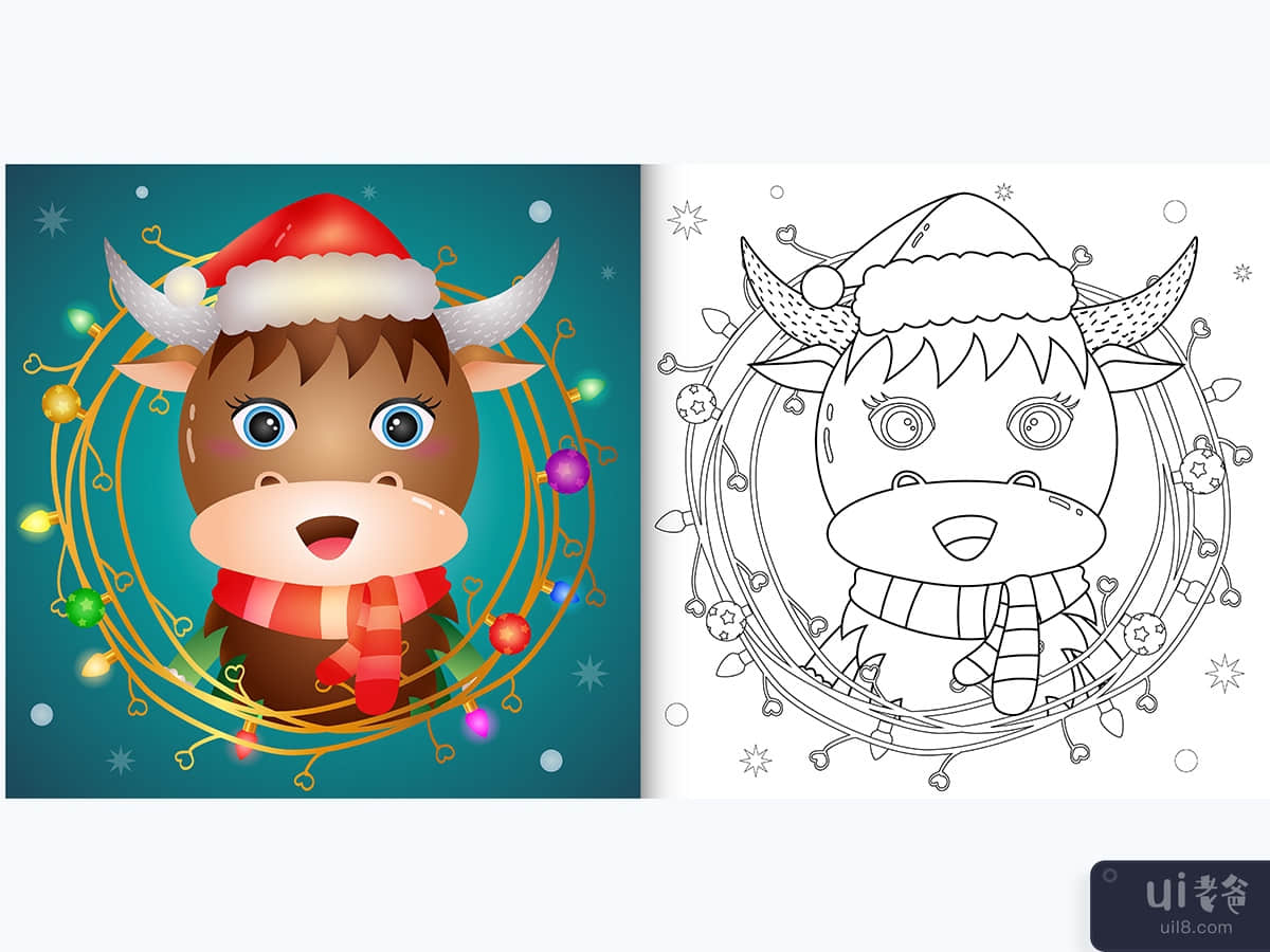 coloring book with a cute buffalo with twigs decoration christmas