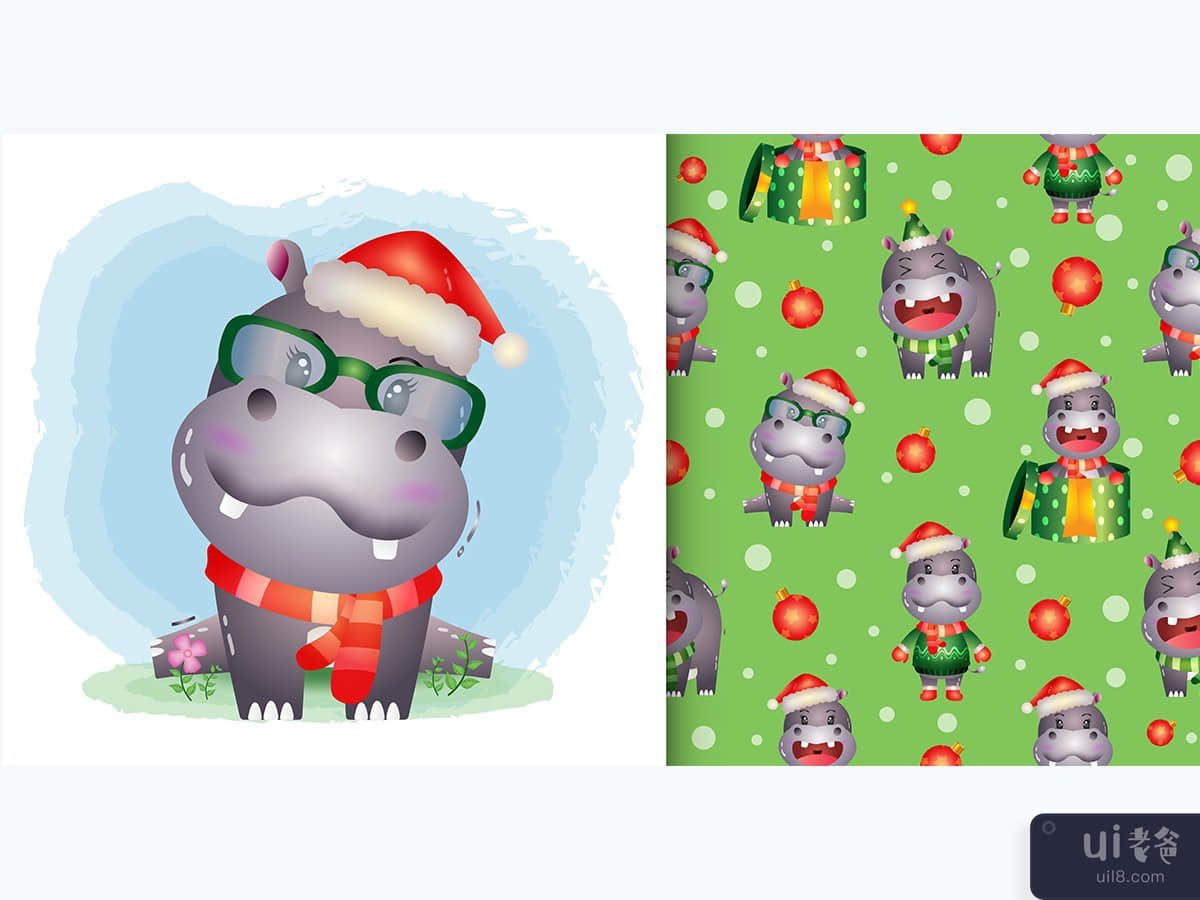 a cute hippo christmas characters. seamless pattern and illustration designs