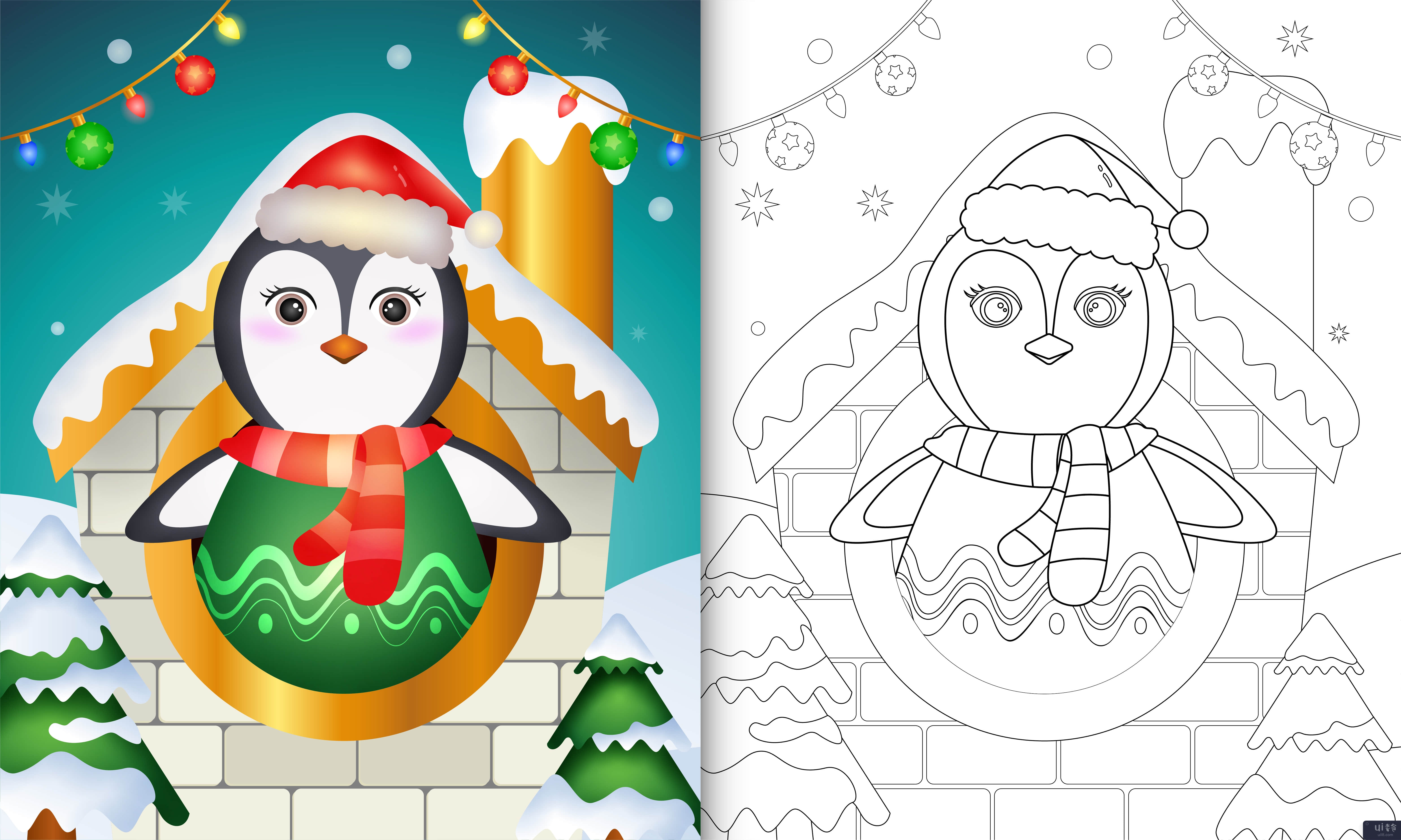 屋内有可爱企鹅圣诞人物的着色书(coloring book with a cute penguin christmas characters inside the house)插图2