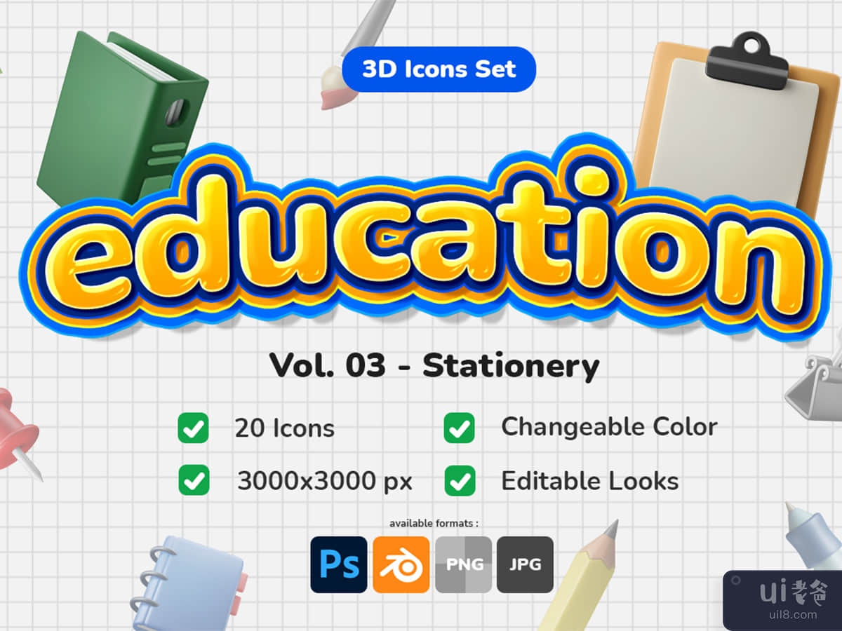 3D Icon Set - Education Vol. 03 Stationery _ School Supplies